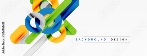 Abstract geometric shapes overlap, creating vibrant visual composition. Bright colors dominate white background. Modern design element.