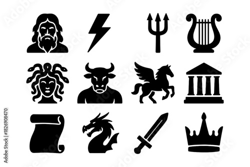 Ancient mythology symbols: greek icons in bold black silhouette style