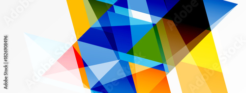 Abstract geometric shapes overlap, creating vibrant colorful composition. Angular forms dominate design, suggesting dynamic movement.