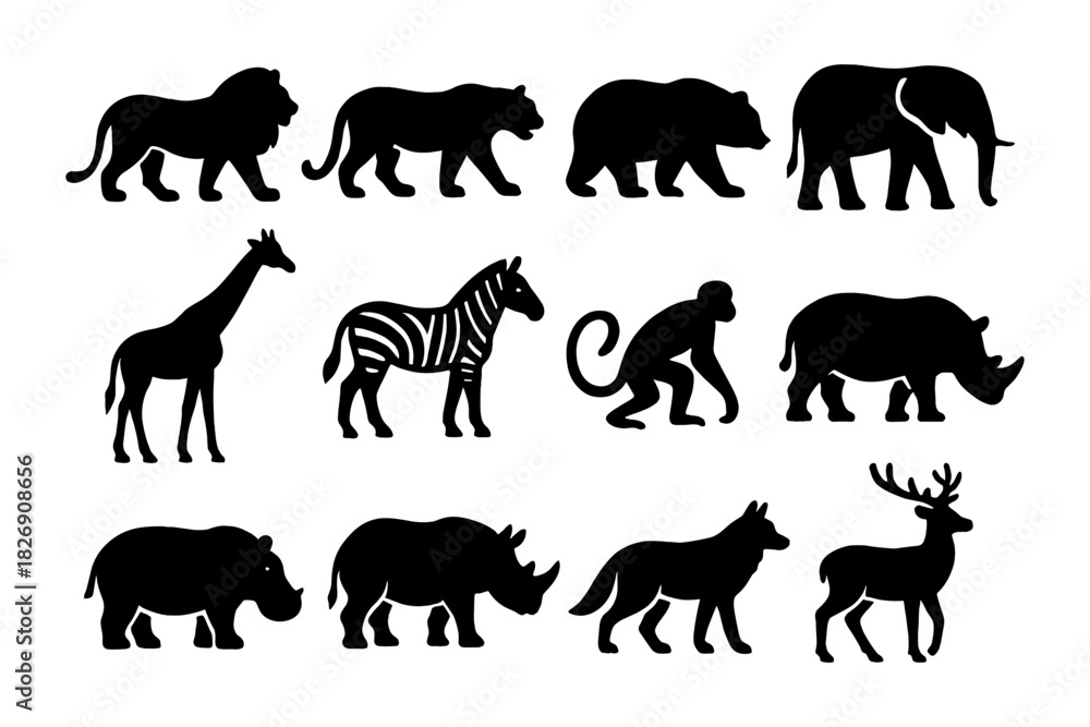 Naklejka premium Silhouette collection of wild animals: lions, elephants, giraffes, and more