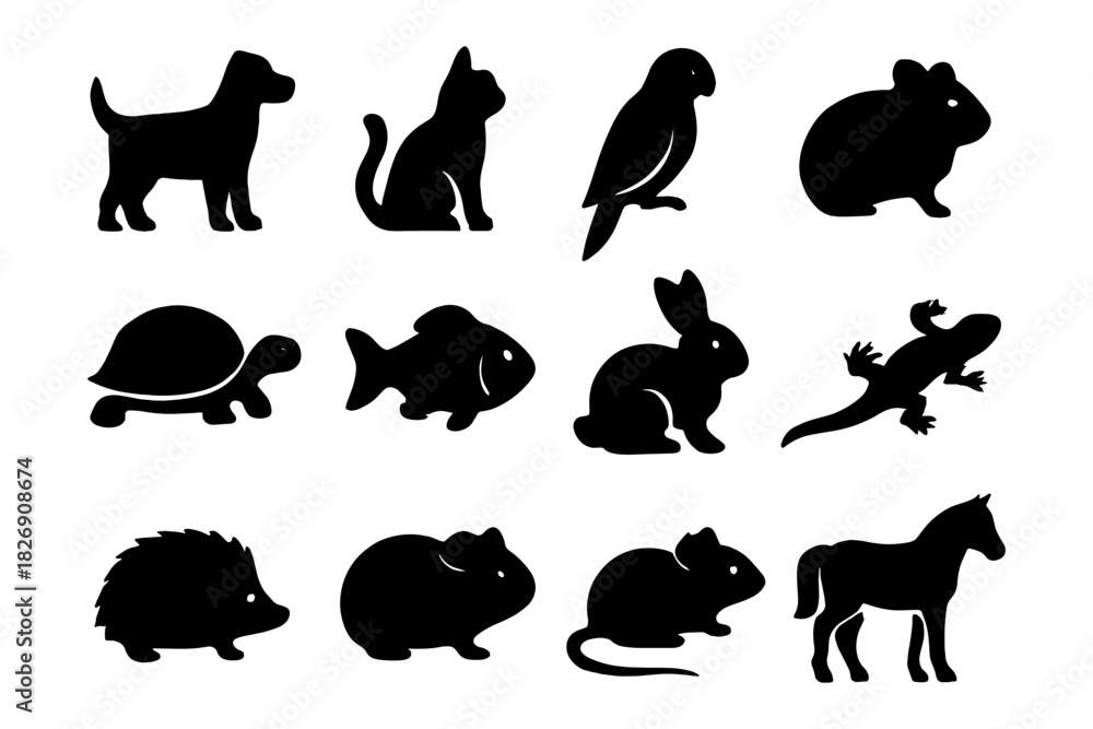 Fototapeta premium Animal silhouettes: pets and wildlife icons in simple black