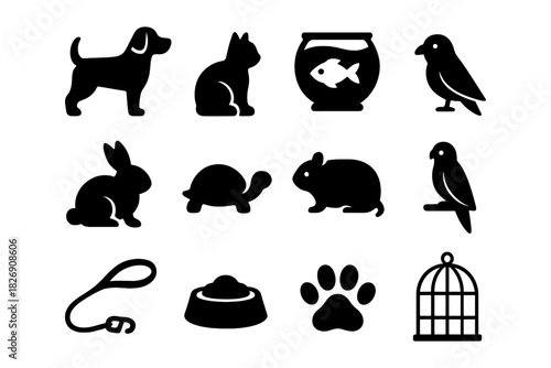 Animal silhouette collection: pets and accessories in simple black icons