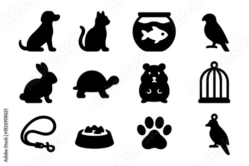 Silhouette icons of pets and accessories: dogs, cats, fish, birds, and more