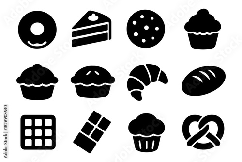 Collection of silhouette icons featuring baked goods and desserts