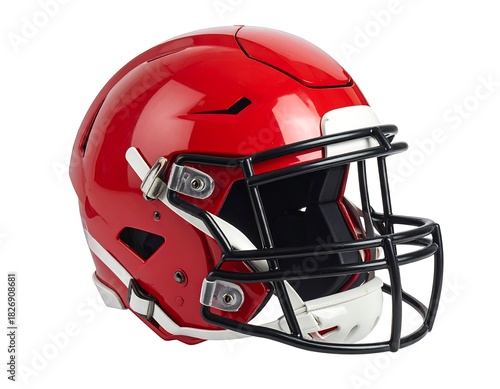 Glossy red football helmet with a dark facemask, designed to protect the head during impact