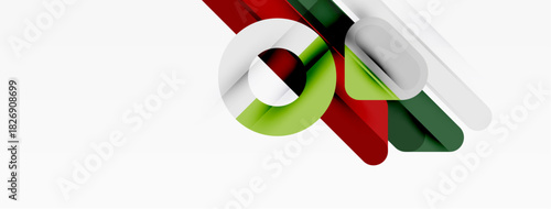 Abstract design features overlapping lines, circles. Colors include green, red, white, gray. Minimalist composition, modern aesthetic.