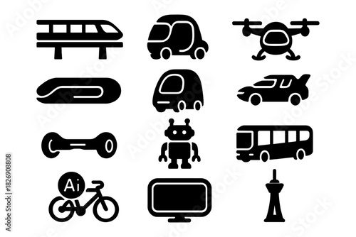 Futuristic transport icons collection with silhouette design