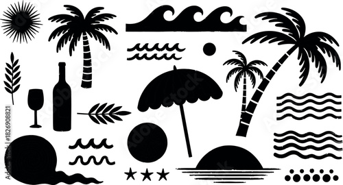 Set of tropical beach icons vector illustration with palm tree, sun, sea, and island design elements for summer nature travel vacation