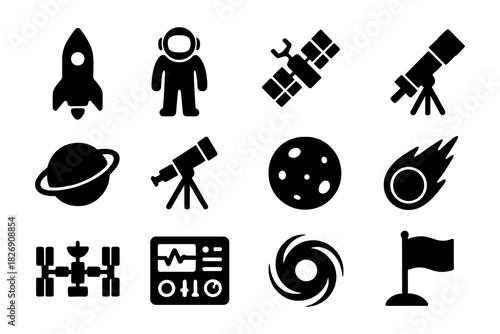 Space exploration icons: silhouettes of rockets, astronauts, and celestial bodies