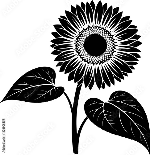 Elegant Black and White Sunflower Silhouette Vector Illustration - Detailed Floral Graphic Design Element for Logo, Sticker, Decal, Stencil Art, and Nature Concepts.