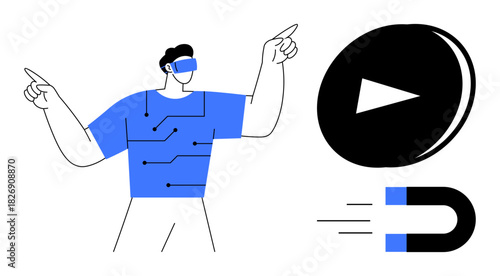 Man wearing tech-inspired VR goggles pointing at futuristic graphics with a play button and magnet symbol. Ideal for innovation, technology, digital media, VR, AI, gaming, and creative design