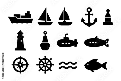 Nautical silhouette icons collection featuring boats, anchor, submarine, lighthouse, and marine symbols