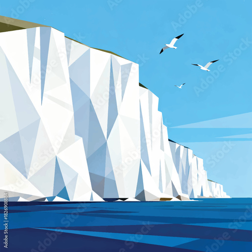 Illustration Of High Limestone Cliffs, Sea Water, Clear Sky, Flying Birds Vector Design Template