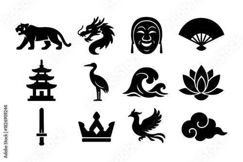 Collection of asian cultural icons: silhouettes of animals, architecture, and symbols