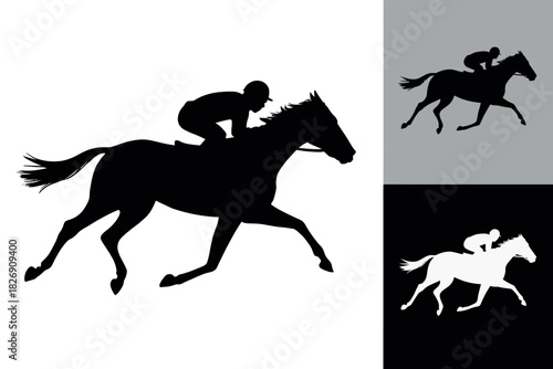 A silhouetted jockey rides a horse at full gallop, depicted in black and white.
