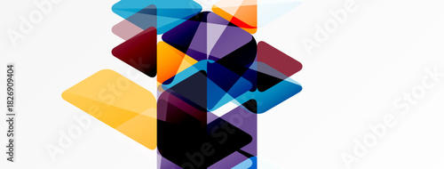 Abstract geometric shapes overlap, creating vibrant color blends. Composition features transparency, depth, modern design elements.