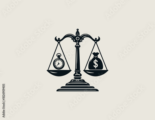 Black Vector Illustration of a classic balance scale weighing a pocket watch against a money bag with a dollar sign.
