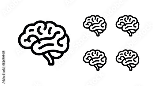 Multiple simplified line art representations of a human brain are displayed, emphasizing the concept of thought or intellect.