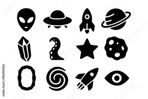 Set of space icons featuring ufos, aliens, and planets in bold black silhouette style