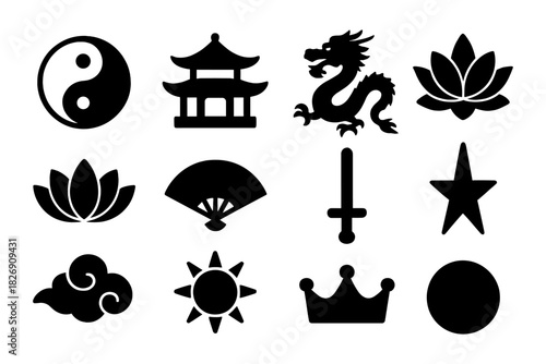 Black silhouette icons featuring asian symbols and objects for creative design
