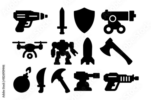 Military and technology silhouette icons collection for tactical design