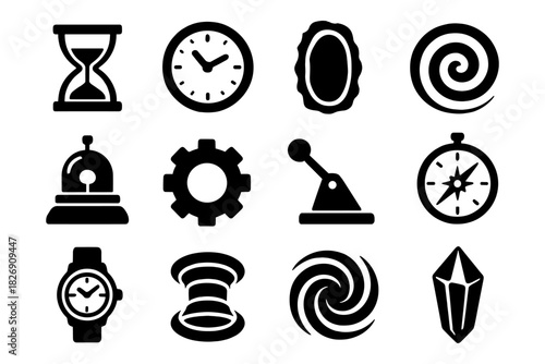 Time and navigation icons set in silhouette design