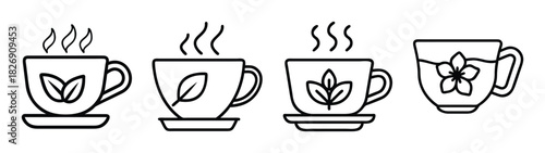 Collection of tea cups and coffee mugs with steam and floral designs vector illustration
