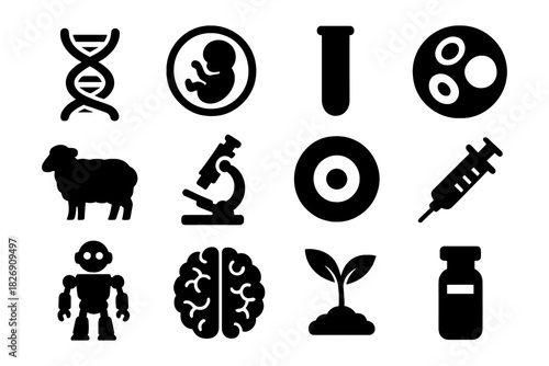 Science and medicine icons set: dna, embryo, microscope, brain, and more