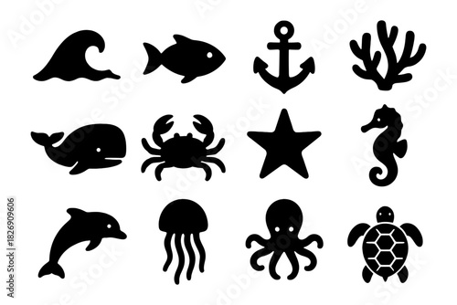 Marine silhouette icons: ocean life, sea creatures, and nautical symbols collection