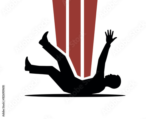 Silhouette of a person falling downwards with arms outstretched in a gesture of despair and alarm.