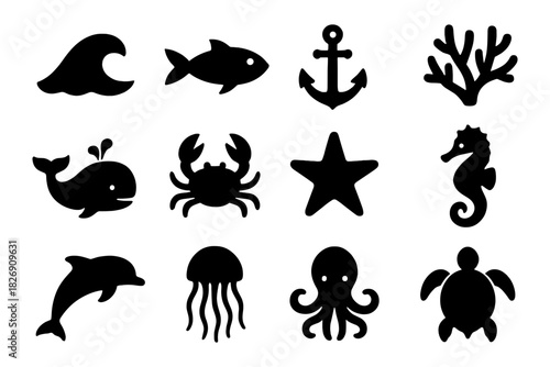 Silhouette sea life icons collection with fish, anchor, and coral