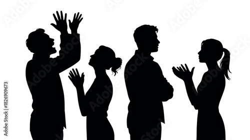 Silhouettes of diverse people expressing strong emotions in a group setting, conveying a narrative of shared experience and emotional resonance.