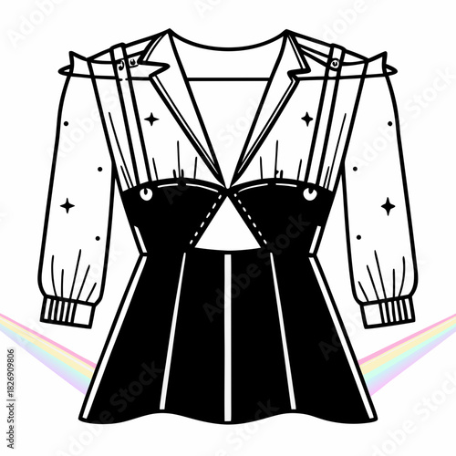 Stylized black dress with sheer sleeves and rainbow accent