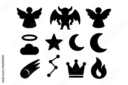 Silhouette icons of angels, demons, and celestial symbols