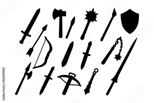 Collection of medieval weapon silhouettes with swords, shields, and axes