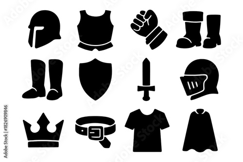 Medieval armor silhouette icons set: helmets, shields, swords, and more