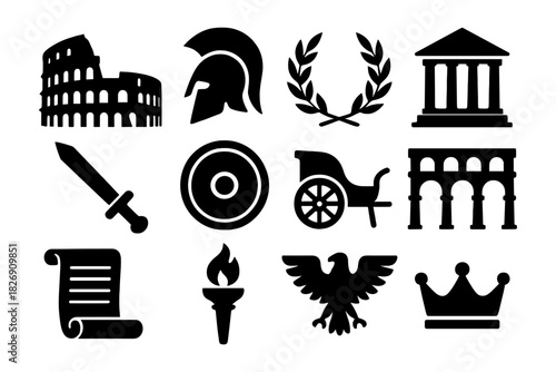 Ancient roman symbols silhouettes: coliseum, gladiator helmet, laurel wreath, chariot, eagle