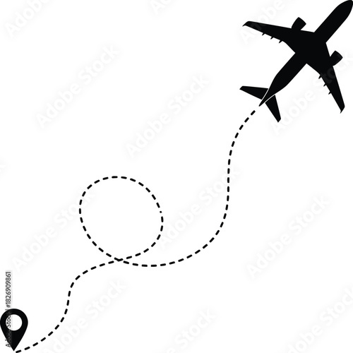 Airplane flight path tracking a journey from origin to destination with a location pin icon, representing global travel and navigation