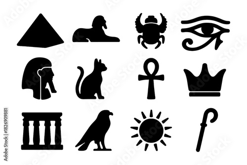 Ancient egypt icons set featuring sphinx, scarab, eye of horus, and ankh silhouettes