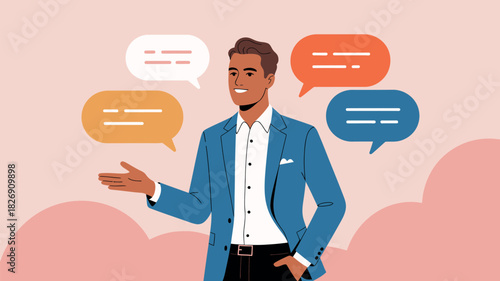 A man in a suit gestures while surrounded by speech bubbles representing communication and ideas.