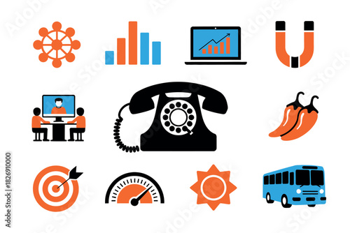 A collection of business-related icons symbolizing various aspects of modern commerce and communication.