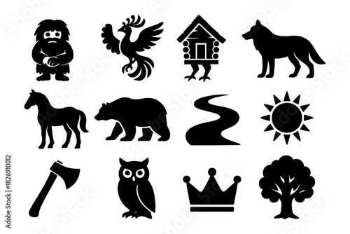 Silhouette collection of mythical creatures and nature icons in black