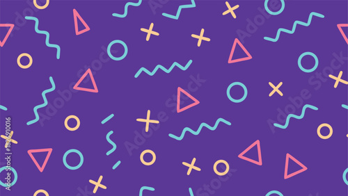 Retro Memphis Style Geometric Pattern on Purple Background Keywords: abstract, art, background
