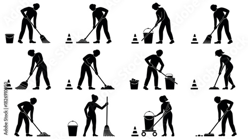 Silhouettes of people cleaning floors with brooms and mops in various poses, illustrating different cleaning tasks.