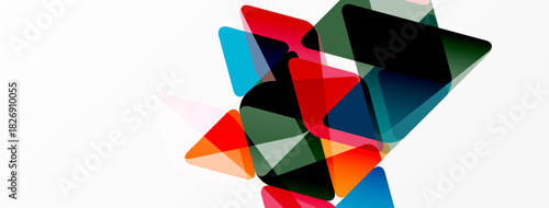 Abstract geometric shapes overlap, creating vibrant color blends. Triangles dominate composition, set against white background.