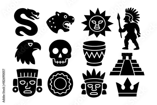 Ancient symbols and figures: aztec icons in bold black silhouette