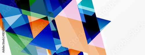 Abstract geometric shapes overlap, creating vibrant color blocks. Composition features blues, oranges, greens, pinks, whites. Modern design.
