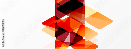 Abstract geometric shapes overlap, creating warm color gradients. Composition focuses on reds, oranges, yellows against white background.