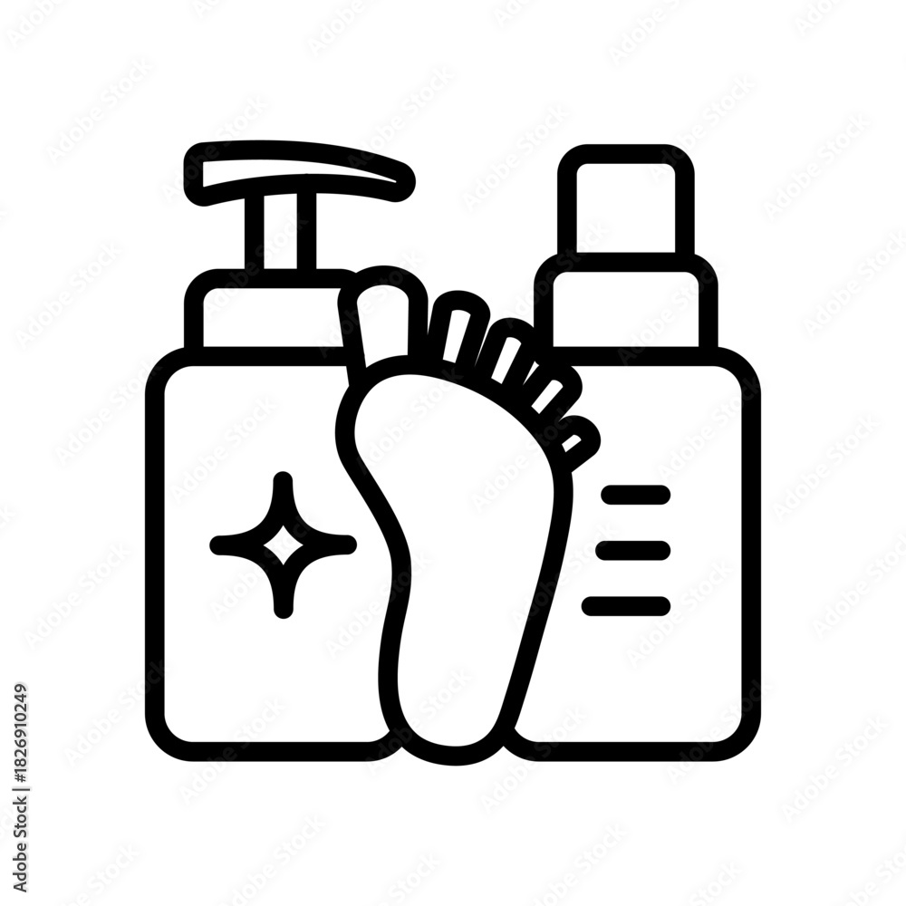 Obraz premium Foot cream, Foot hygiene, Healthy feet, Foot treatment, Podiatrist, Podiatry icons, Pedicure, Massage foot icon. Foot care icon. Outline vector illustration.