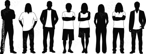 Black silhouette people standing illustration, casual men and women vector design, modern fashion outfit concept, diversity lifestyle artwork collection